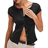Womens Slim Fitted Shirts Short Sleeve Cardigan Button Down Blouses Y2k Ribbed Tops