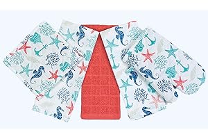 SERAFINA HOME Summer Kitchen Pot Holder Oven Mitt Dish Towel Set: Fun Navy White Coral Aqua Coastal Design, 5 pc Set (Coastal Coral)