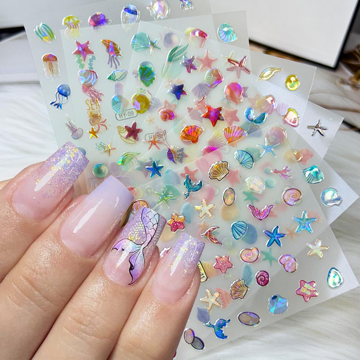Photo 1 of 12Sheets Summer Nail Art Stickers Shell Starfish Nail Stickers Cute Jellyfish Mermaid Nail Art Design 3D Self Adhesive Marine Life Nail Decals Summer Sea Theme Nail Supplies for Women Manicure Decor