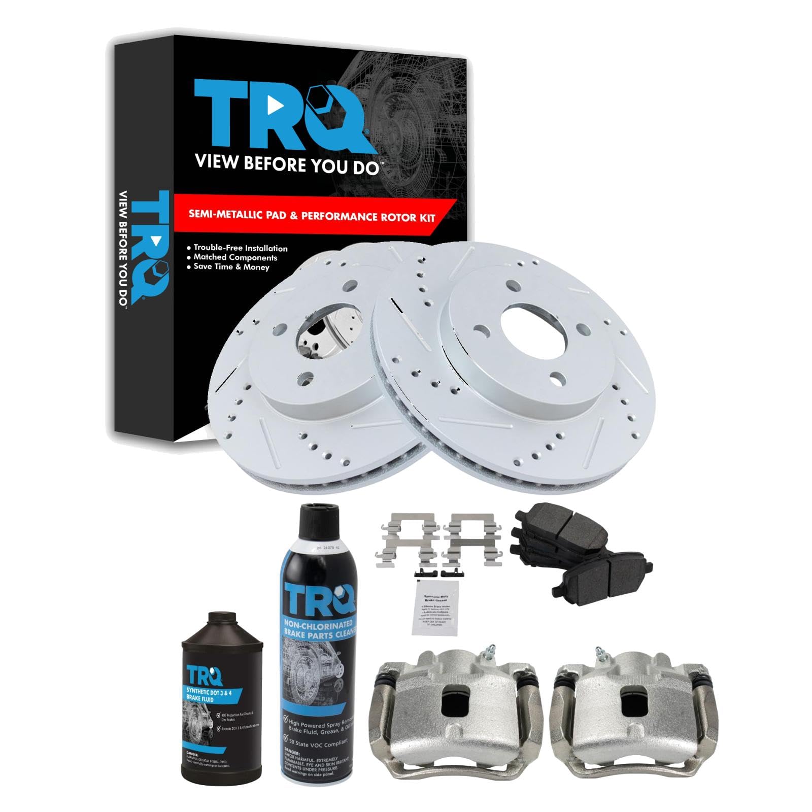 TRQ Performance Front Performance Brake Pad & Rotor Kit Semi-Metallic Premium G-Coated Slotted X Drilled Compatible with 2005-2010 Chevrolet Cobalt 2007-2009 Pontiac G5 2003-2007 Saturn Ion
