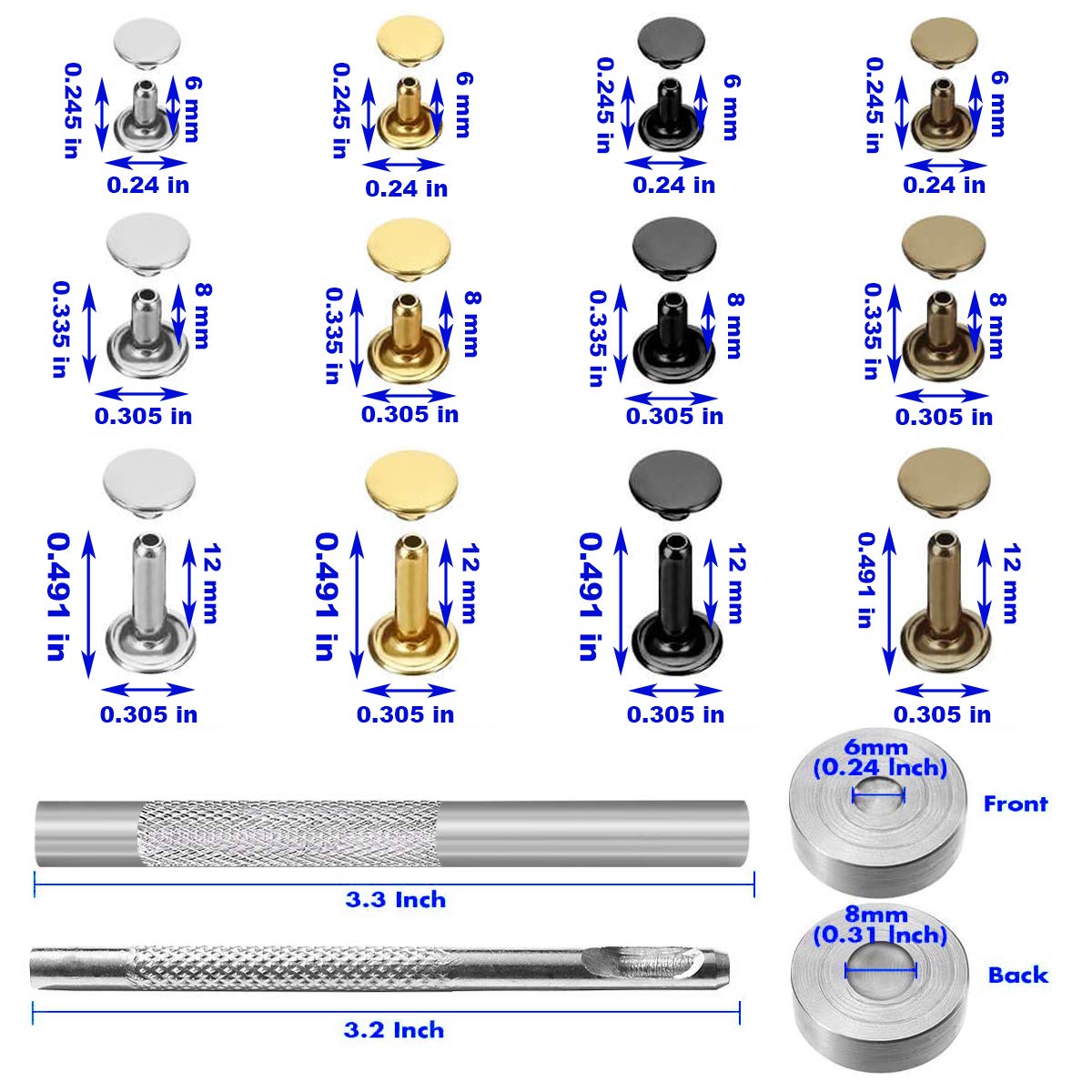 EuTengHao 484Pcs Leather Rivets Double Cap Rivet Tubular Metal Studs 3 Sizes with Punch Pliers and 3Pcs Setting Tool Kit for Leather Craft Repairs Decoration (Gold,Silver,Bronze,Gunmetal, 4 Colors)