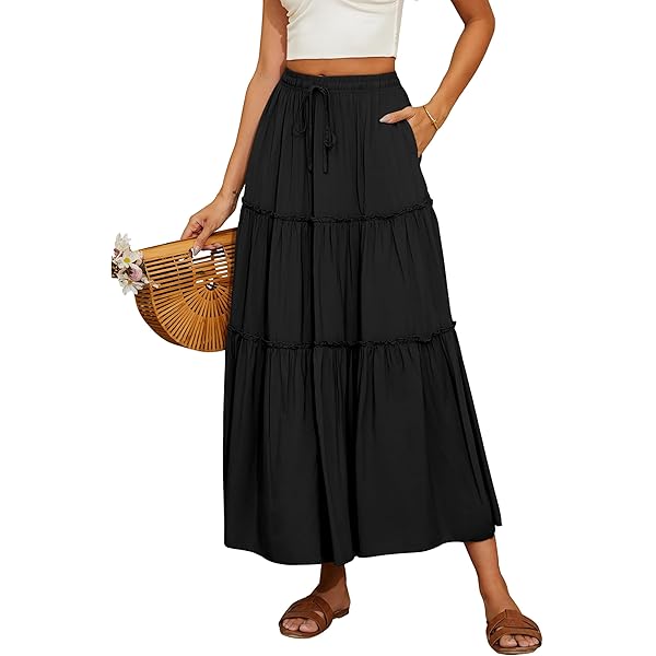 Women's Bohemian Maxi Skirt – Cotton Tiered Ruffle Peasant Skirt, Elastic Waist, One Size (XS-L)