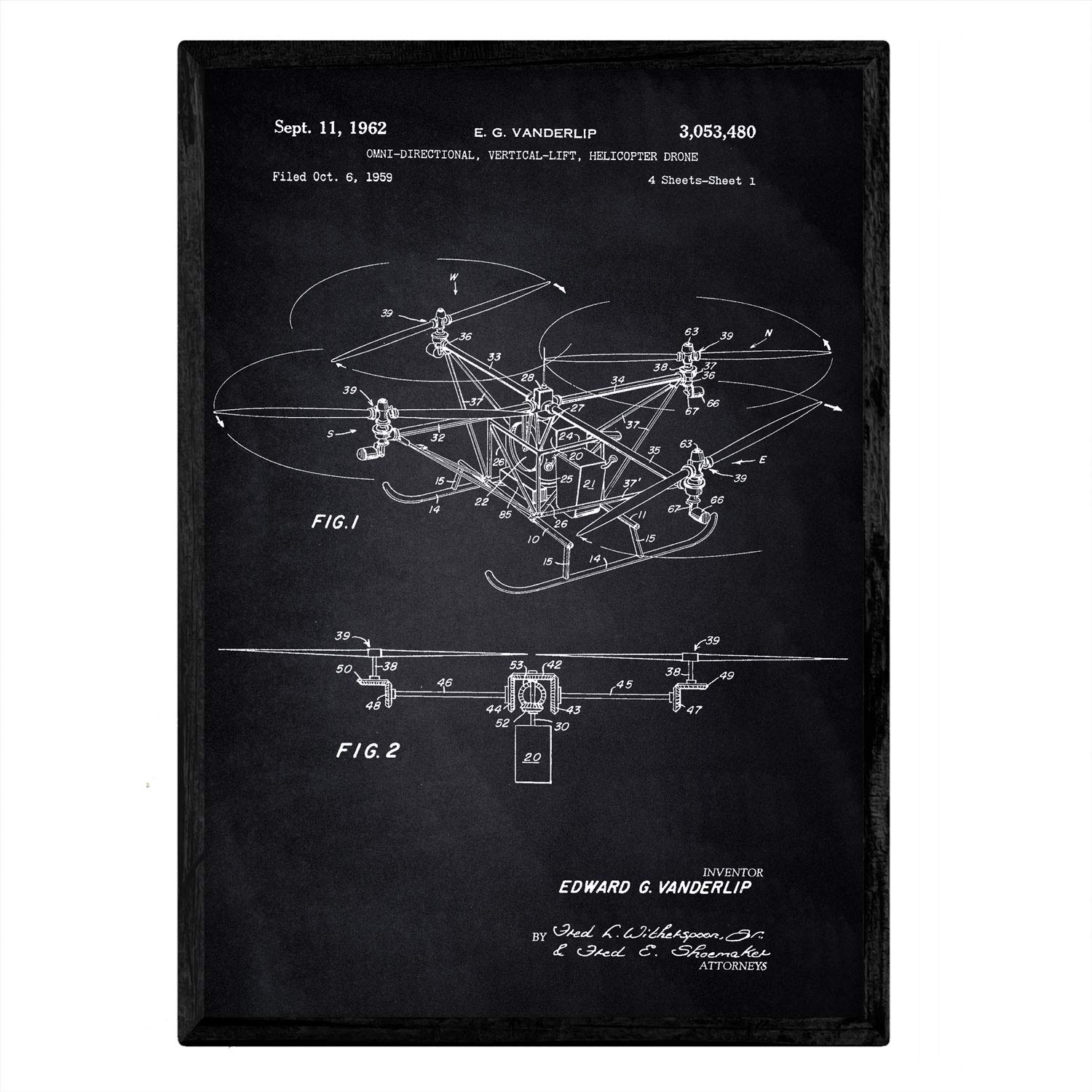Nacnic Poster patent Dron helicopter. Sheet with old design patent A3 size with black background