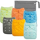Babygoal Cloth Diaper Covers 6 Pack with Wet Bag for Fitted Diapers and Prefolds with Double Gussets, Adjustable and Reusable for Baby Boys and Girls 6DCF06