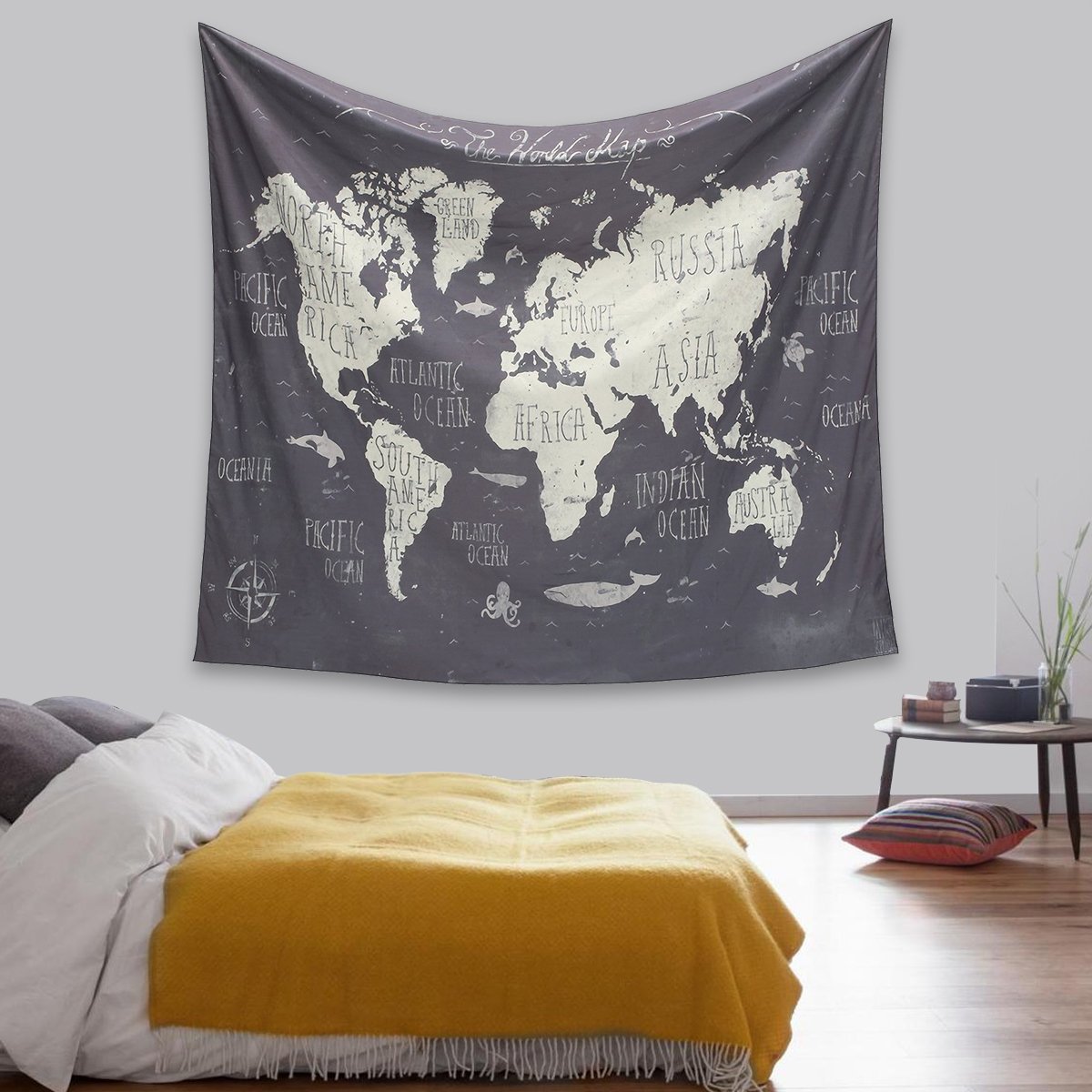 Jeteven Wandteppich mit Weltkarte Riesen Wandbild für Kinderzimmer, Effeket: Aquarell,150X130cm;Mittelalter Stil