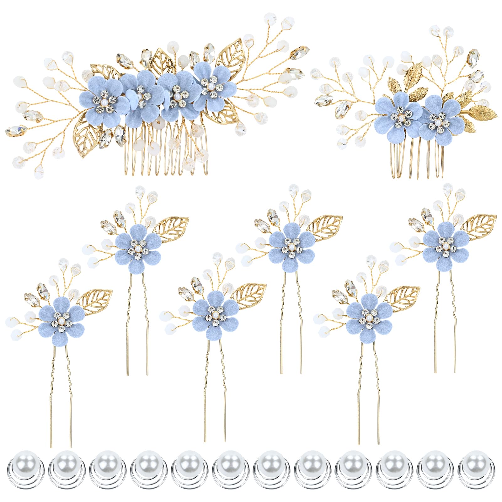 Dizila 20 Pieces Bridal Wedding Party Prom Rhinestone Pearl Light Blue Flower Hair Side Combs Slides+U-shaped Flower Hair Pins+Twist Spiral Pearl Hair Pins Headpieces for Brides Bridesmaids Women Girl