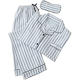 Generic Pajamas for Women Set 3PCS Button down Long Sleeve Shirt with Long Pant Pjs Sets Classic Striped Soft Comfy Sleepwear