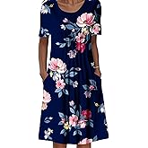 LOVESHOOT Size M Womens Summer Midi Dress 2026 Casual Short Sleeve A Line Dress with Pockets Evening Wedding Guest Work Navy Blue Floral