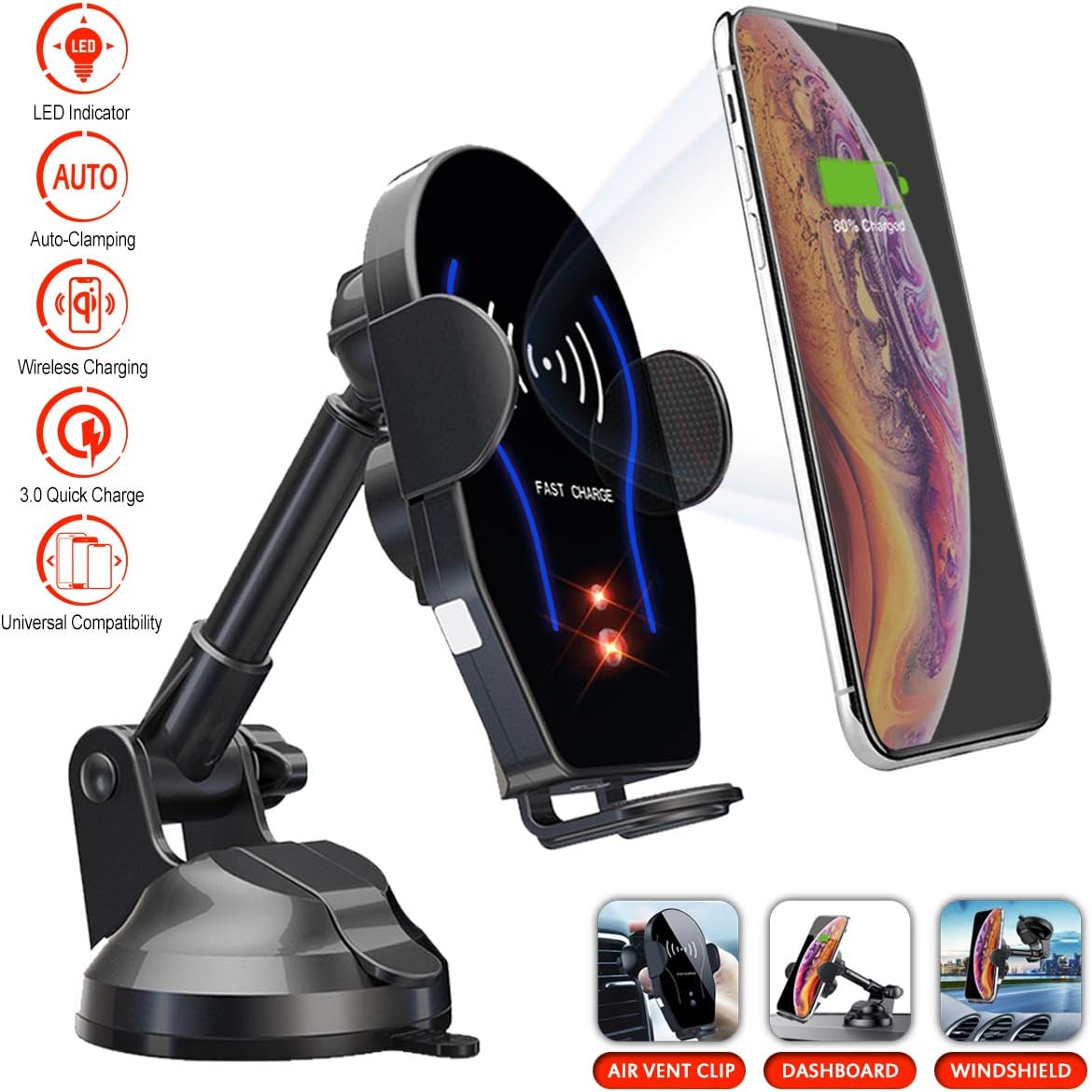 Wireless Car Charger 2019 | LED Indicator Lights Car Mount Auto Clamping | Dashboard Windshield Air Vent Mount 3 in 1 Car Holder | Compatible with iPhone, Samsung, Huawei, LG and all Qi Enabled Device