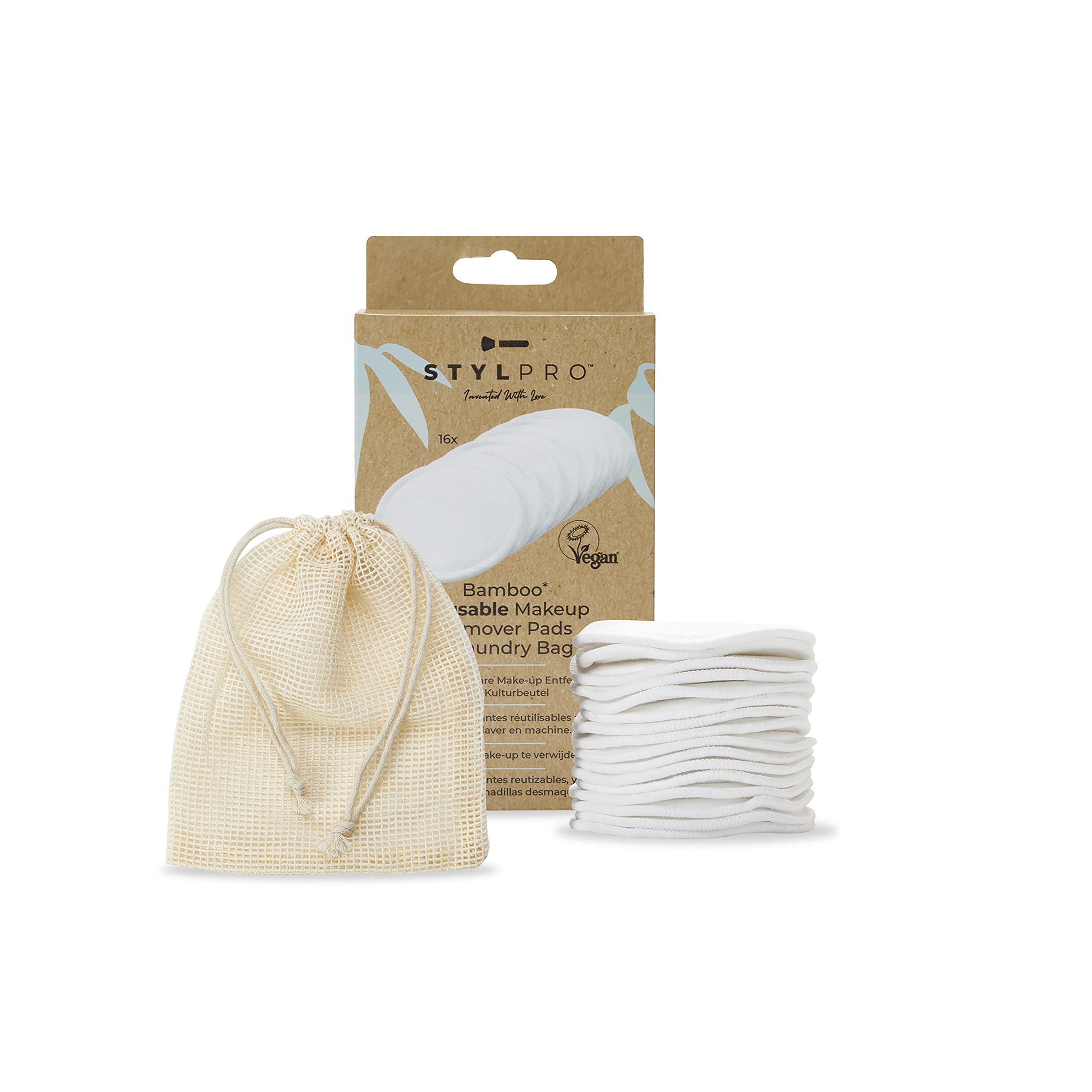 STYLPRO Reusable Bamboo Makeup Remover Pads – 16 Pack 3-Ply Bamboo Rounds, Eco-Friendly & Soft, Washable 1,000x, Anti-Bacterial with Natural Cotton Laundry Bag, Sustainable Skincare Solution