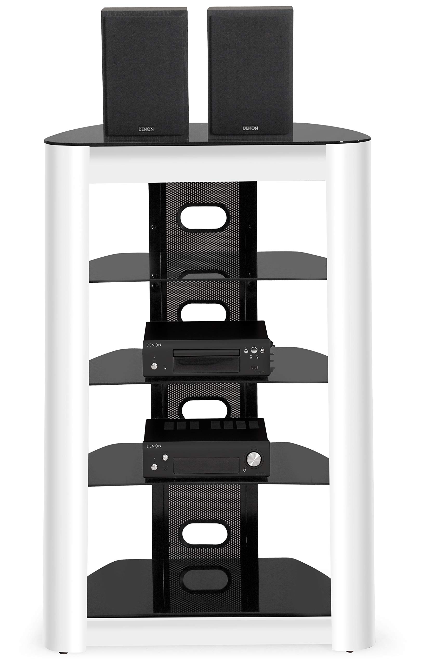 Homeology ZINNIA 5-Tier Entertainment Media Stand Black Glass Shelves & White Facia Audio Rack Stylish Home Theater Storage