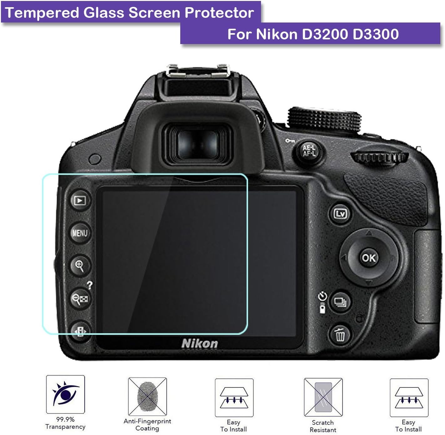 MOTONG LCD Tempered Glass Screen Protector For Nikon D3200 D3300 D3400,9 H Hardness,0.3mm Thickness,Made From Real Glass (Tempered Glass)