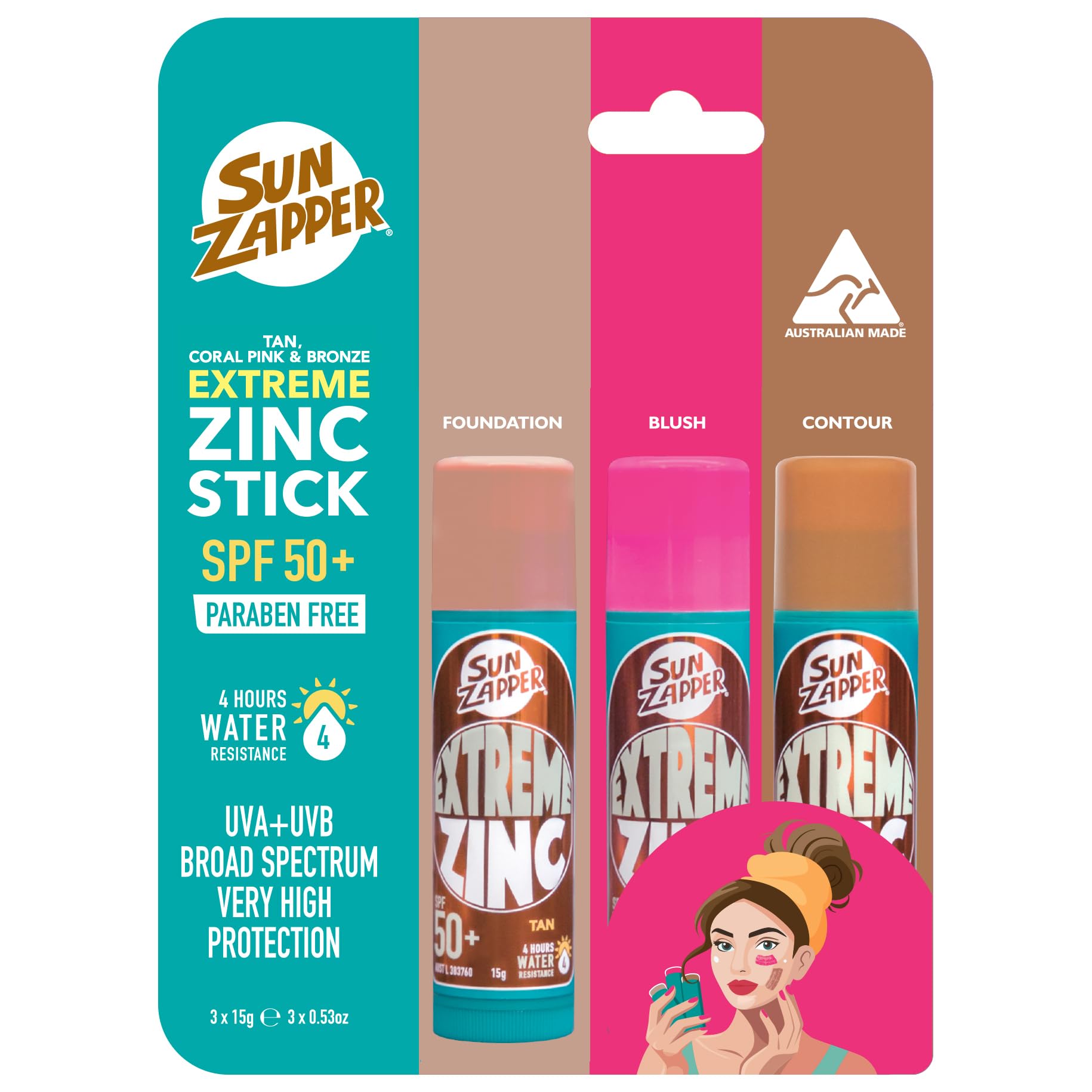 Sun Zapper Extreme Zinc Stick Beauty Pack - Tan, Bronze & Pink Zinc Sunblock Made in Australia