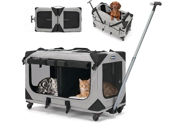 Veehoo Large Pet Carrier with Wheels for 2 Cats, Extra Long 76cm Foldable Rolling Cat Carrier with Removable Divider & Telesc
