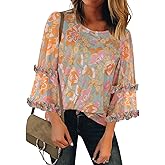 SeSe Code Ruffle 3/4 Sleeve Blouses for Women Dressy Casual Flowy Loose Fit Tunic Tops Work Stretchy Mesh Shirt Wrinkle Free