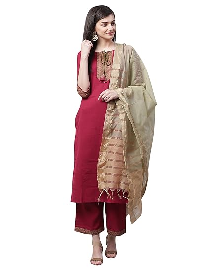 Women's Solid Pure Cotton Straight Kurta Palazzo With Dupatta Set(IE26KS4MG1651_Pink)
