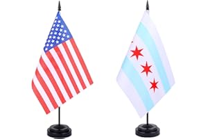WXTWK 2 Pack USA Chicago Flag Chicago City Desk Flag Set - Mini Small Chicago Table Office Flags with Black 12" Solid Pole Stand Base Classroom Meeting Desktop Decorations