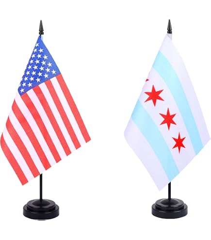 Bandiera Da Tavolo 4x6 Illinois Con Bandiera USA &ndash; Set Con Base Oro &ndash; Trade Winds
