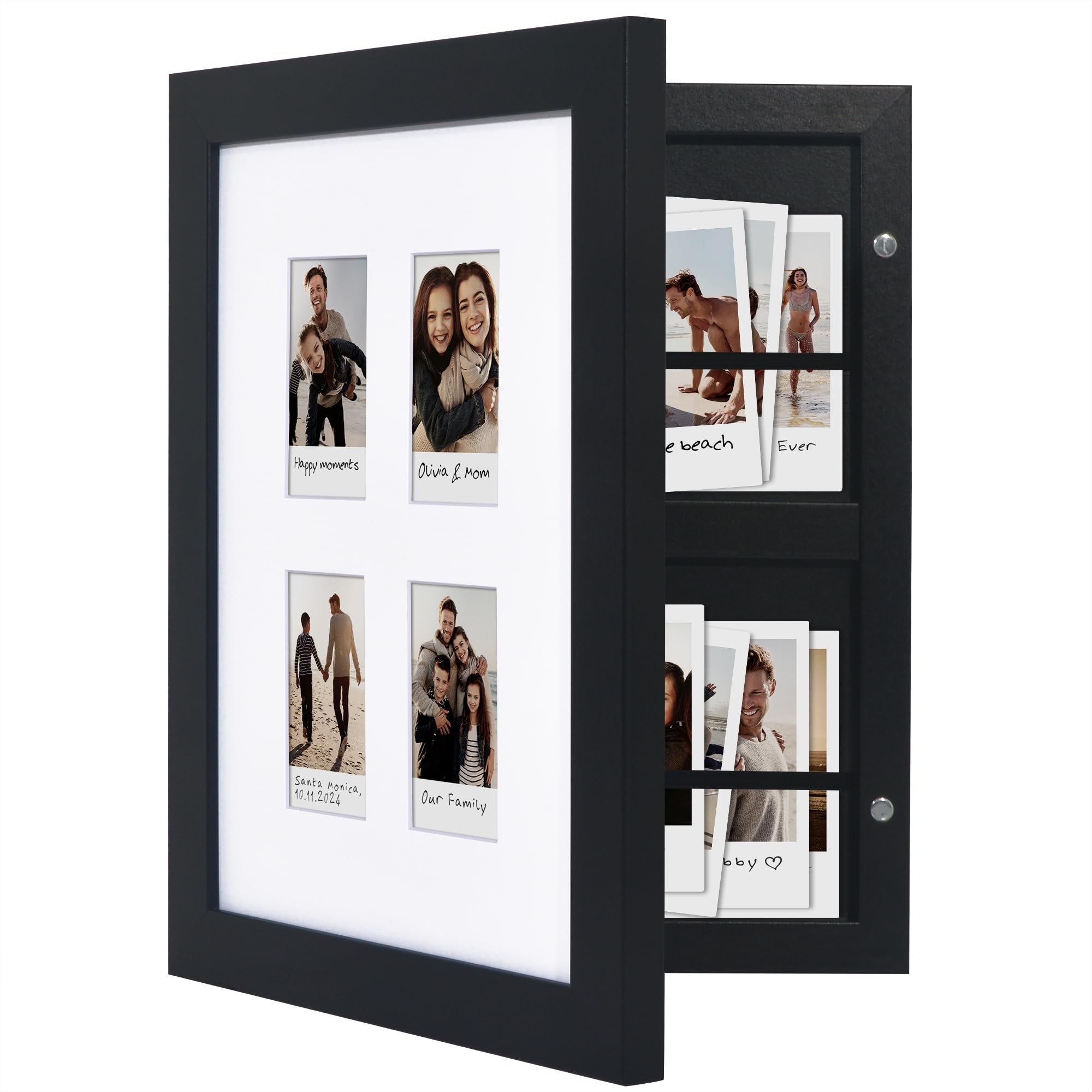 Americanflat 9×11 Picture Frame with Storage – Fits Four 2×3 Instant-Print Photos – Quick Change Storage Frames Hold up to 100 Photos – Collage Picture Frame for Tabletop and Wall Display – Black