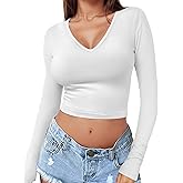 Womens Long Sleeve Crop Top Crew Neck Y2K Shirt Sexy Slim Fitted Casual Base Layer Soft Workout Shirt Going Out Tops
