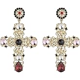 HZMAN Large Rhinestone Dangle Earrings Bohemian/Baroque Style Gold-plated Alloy Crystal Cross Earrings