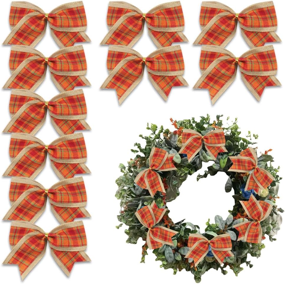 Bows & Ribbons - Estivaux 10 PCS Fall Bows for Wreath, Thanksgiving Wreath Bows Orange Red Buffalo Plaid Bow Natural Burlap Craft Bow Holiday Farmhouse Tree Bows for Basket Autumn Thanksgiving Decorations Supplies