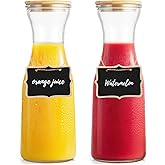 Glass Carafe with Bamboo Lid,35 Oz Beverage Dispensers Carafe,Mimosa Bar Supplies,Clear Glass Pitcher with Name Labels for Iced Tea,Coffee,Juice(Set of 4)