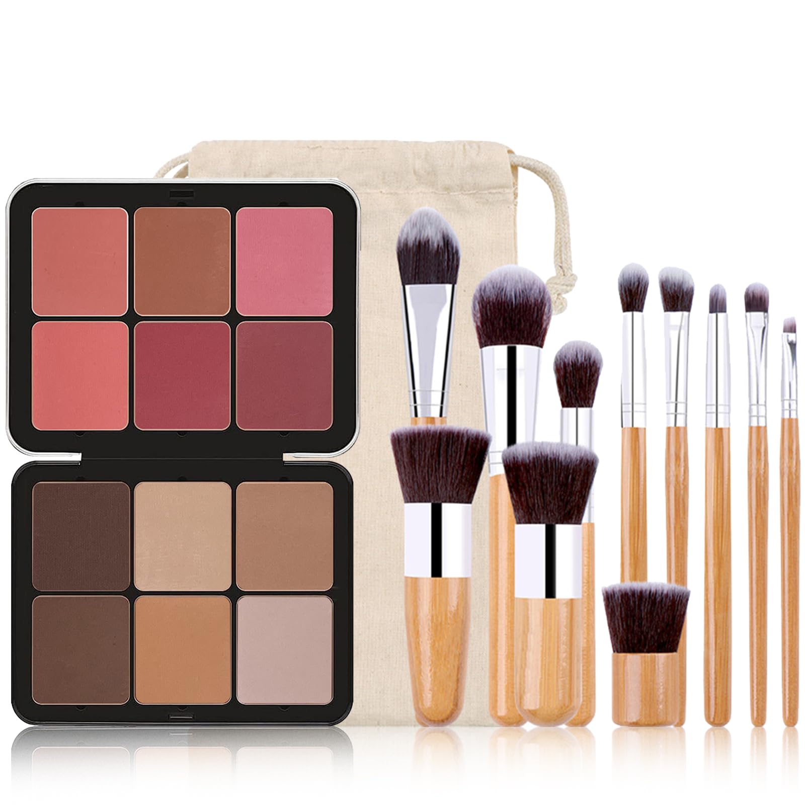 JasCherry Cream Makeup Palette for Full Face, 12 Colors Eye Makeup Palette, Blendable Matte Nudes Shades, with 10 Makeup Brushes, Blush Palette, Brightening Contouring Long Wear Color Correcting Cream