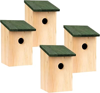 Garden Mile Traditional Wooden Bird House 4 Pack with Black Roof 30mm Hole
