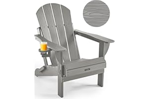 Ciokea Folding Adirondack Chair Wood Texture, Patio Chair Weather Resistant, Plastic Fire Pit Chair with Cup Holder, for Lawn Outdoor Porch Garden Backyard Deck (Grey)