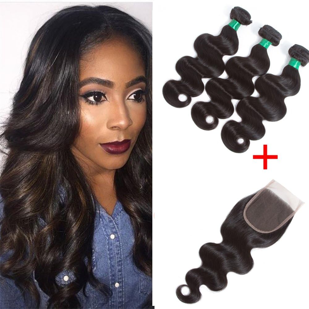 12A Brazilian Body Wave 3 bundles 16 18 20 with Free Part 44 Swiss Lace Closure Virgin Human Hair Weave 16 18 20 with 14 Closure 100% Unprocessed Remy Hair Bundles With Natural Color Pecwu