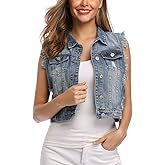 MISS MOLY Women's Ripped Denim Vest Cropped Distressed Classic Sleeveless Jean Vest Jackets With Flap Pockets