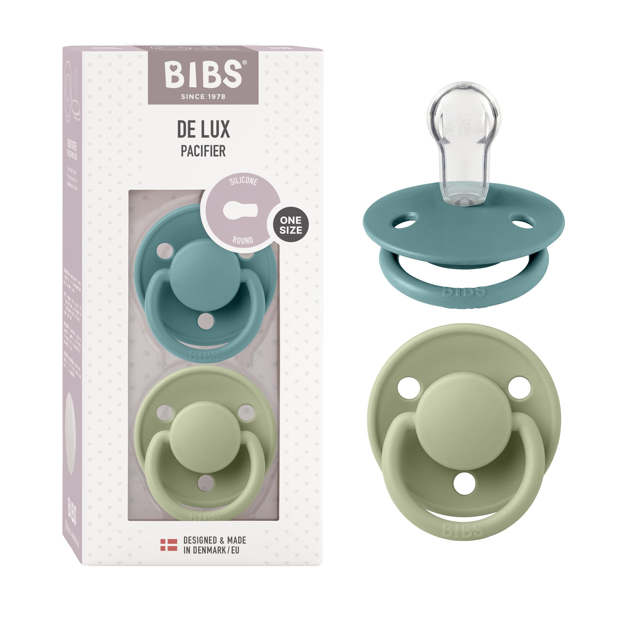 BIBS De Lux Dummies 2-Pack, BPA Free Dummy Pacifier, Round Nipple. Silicone, OneSize (0-36 Months), Island Sea/Sage