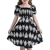 HIGHUZZA Girls Summer Dresses Smocked Tween Back to School Puff Sleeve Casual Sundress with Pockets for 7-12 Years