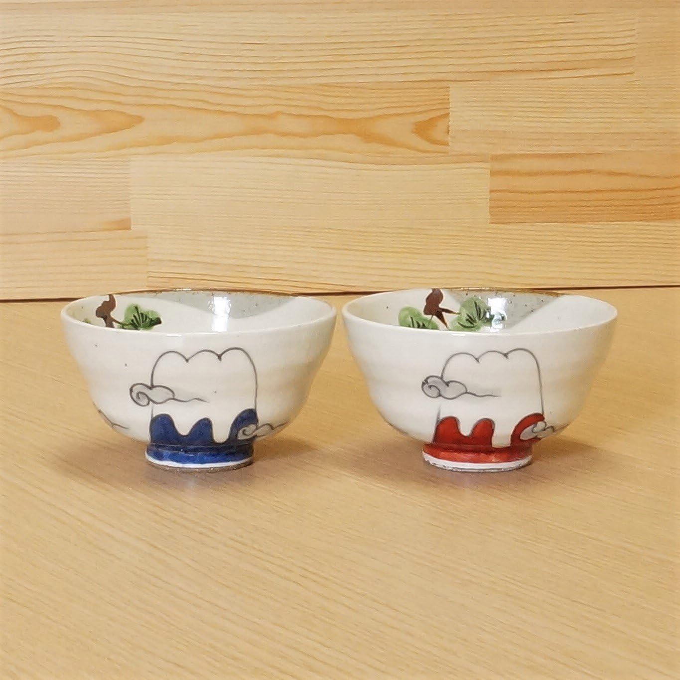 [2 bowls set] Imari Pottery Mt.Fuji Red & Blue Japanese Rice Bowl