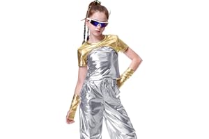 LOLANTA Girls Metallic Shirts with Arm Sleeves Slim Fit Stretchy Shiny Jazz Hip Hop Dance Tops Raves Festivals Costumes