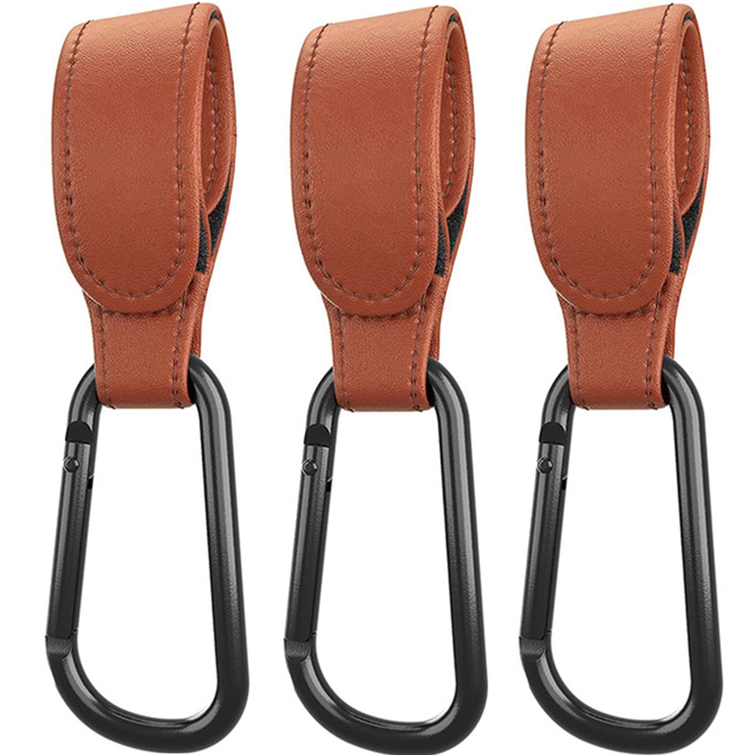 Buggy Clips, Pram Clips- Hook Shopping Bags, Diaper Bags, Handbag or Change Bag on Your Stroller, Pram or Pushchair - Leather Style Pushchair Hooks with D Shape Carabiner, Universal Brown, 3 Pack