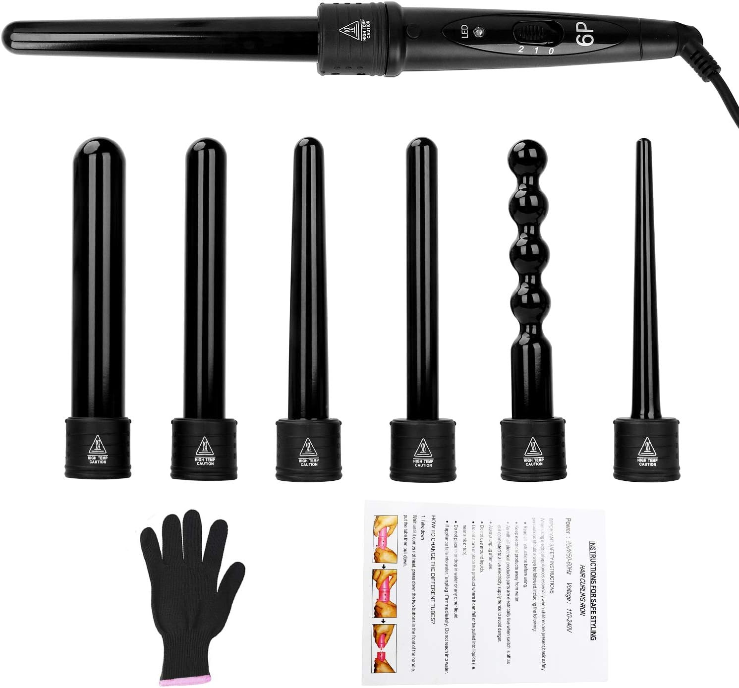 Beaucares 6-in-1 Curling Iron, Professional Curling Wand Set, Instant Heat Up Hair Curler with 6 Interchangeable Ceramic Barrels (0.35'' to 1.25'') and 2 Temperature Adjustments: Health & Personal Care