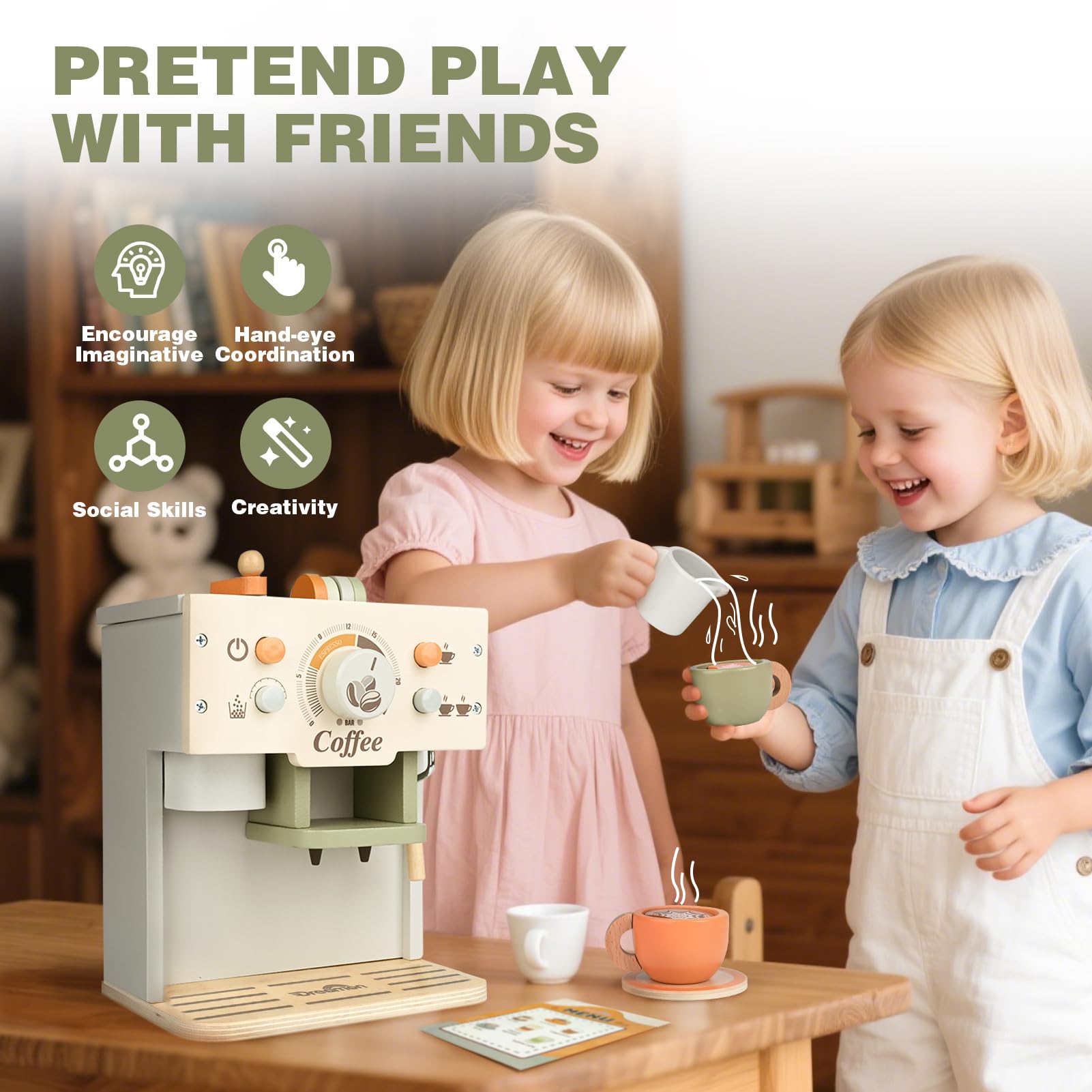 Dreamon Kaffeemaschine Kinder Holz, Kinderküche Zubehör 15 Teile, Montessori Spielzeug, Küchengeräte Kaffeeset Kinder Spielzeug, Küchen Spielzeug Geschenke Jungen und Mädchen ab 3 4 5 Jahre 3