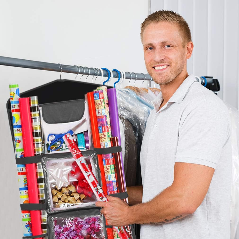 ProPik Hanging Double Sided Wrapping Paper Storage Organizer with Multiple Pockets Organize Your Gift Wrap, Gift Bags Bows Ribbons 40"X17"Fits 40 Inch Rolls Red White and Clear PVC Bag (Black): Health & Personal Care