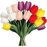 16 Pcs Fake Tulips Artificial Flowers, 13" Real Touch PU Faux Tulips Bouquet for Wedding Spring Easter Mother's Day Home Kitchen Table Decor (Mixed Colors)