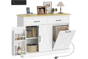 HOMCOM Tilt Out Trash Cabinet with Charging Station, Farmhouse Kitchen Island with Storage, Sideboard, 7 Gallon Hidden Garbag