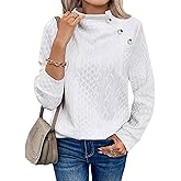 Apvirdy Women's Quilted Mock Neck Sweatshirts Button Detail Long Sleeve Textured Casual Loose Fashion Fall Pullover Tops