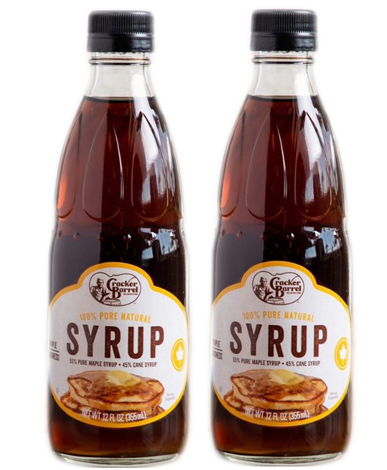 Cracker Barrel Pancake Syrup 12 Fl. Oz Pack Of 2! 100% Pure Natural Syrup! Made From 55% Maple Syrup and 45% Cane Syrup! Great Taste And Delicious Flavor! Perfect For Your Homemade Pancakes!