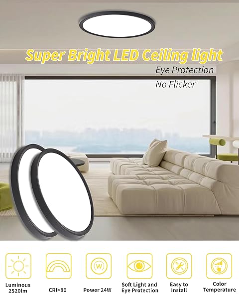6PACK 12 INCH FLUSH MOUNT CEILING LIGHT, 24W LED CEILING LIGHT, 3000K/4000K/6000K SELECTABLE 2520LM CEILING LIGHTS, SUPER SLIM LED LIGHT FIXTURE FOR BEDROOM KITCHEN LIVING DINING ROOM OFFICE (BLACK)