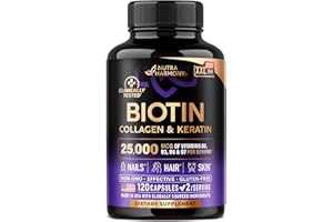 NUTRAHARMONY Biotin | Collagen | Hyaluronic Acid | Keratin - Clinically Tested Supplement - Hair Growth Support, Skin & Nails - 25000 mcg Vitamins B2, B3, B6 & B7 + B1 - Made in USA - Women & Men | 120 Capsules