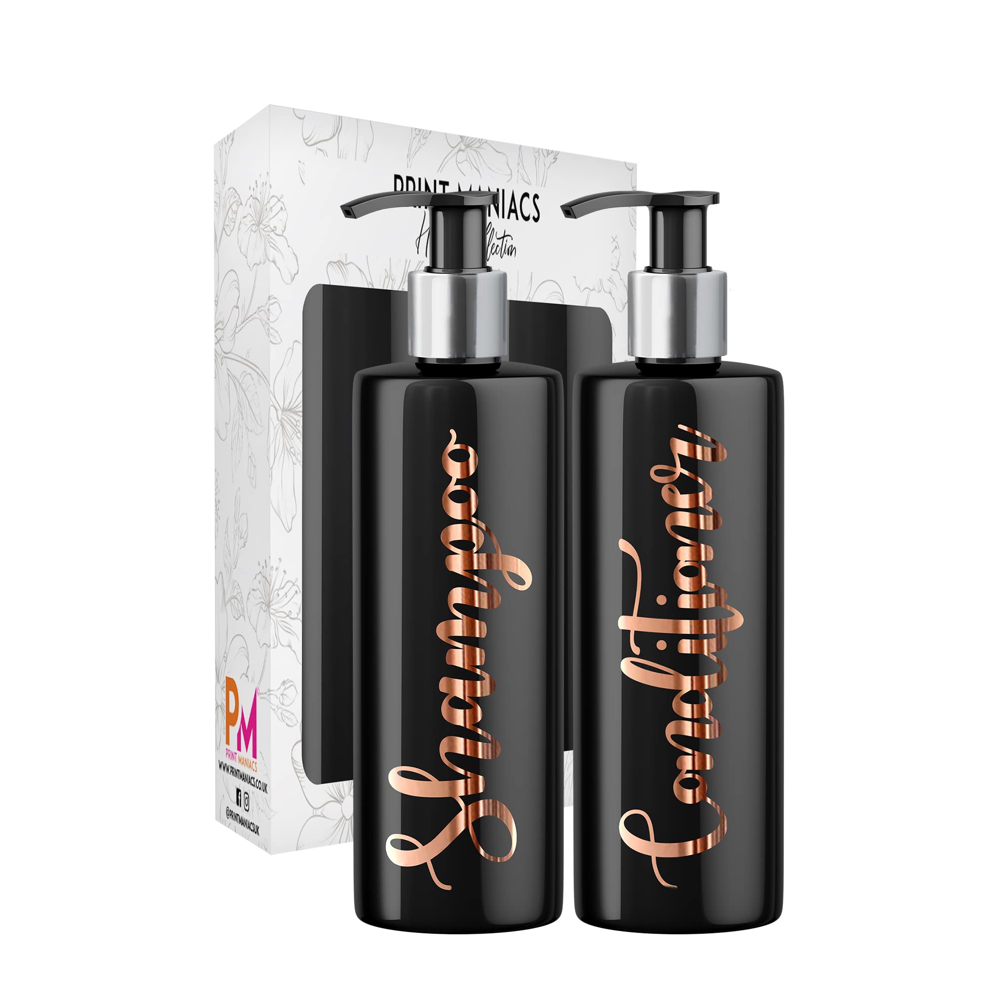 Print Maniacs 2 Set Mrs Hinch Inspired Black Personalised Dispenser Pump Bottles Shampoo Conditioner (Copper)