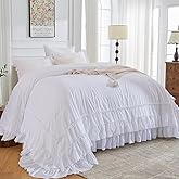 Sanracie California King Comforter Set 128" x 120", Cotton White Soft Breathable 3Pcs Bedding Sets Farmhouse French Country Shabby Vintage Ruffled Bedding Comforter Sets for All Season