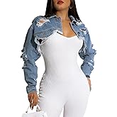 Cropped Denim Jackets for Women Long Sleeve Ripped Destroyed Wash Crop Top Jean Jackets