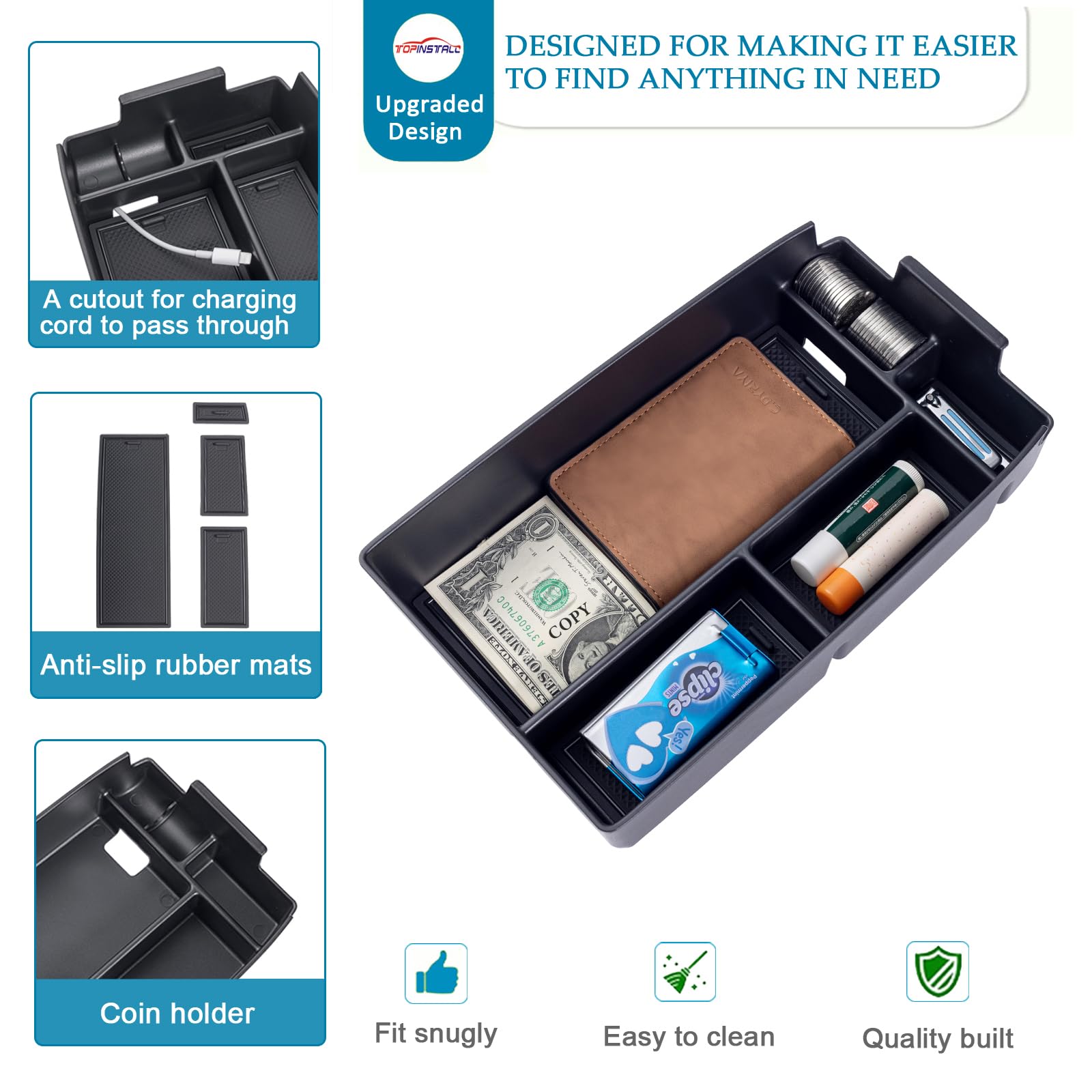 TOPINSTALL Center Console Organizer Compatible with Bronco Sport 2021-2025/Ford Escape 2020-2025 Accessories, Armrest Box Long Compartment Storage Tray Coin Container-Black